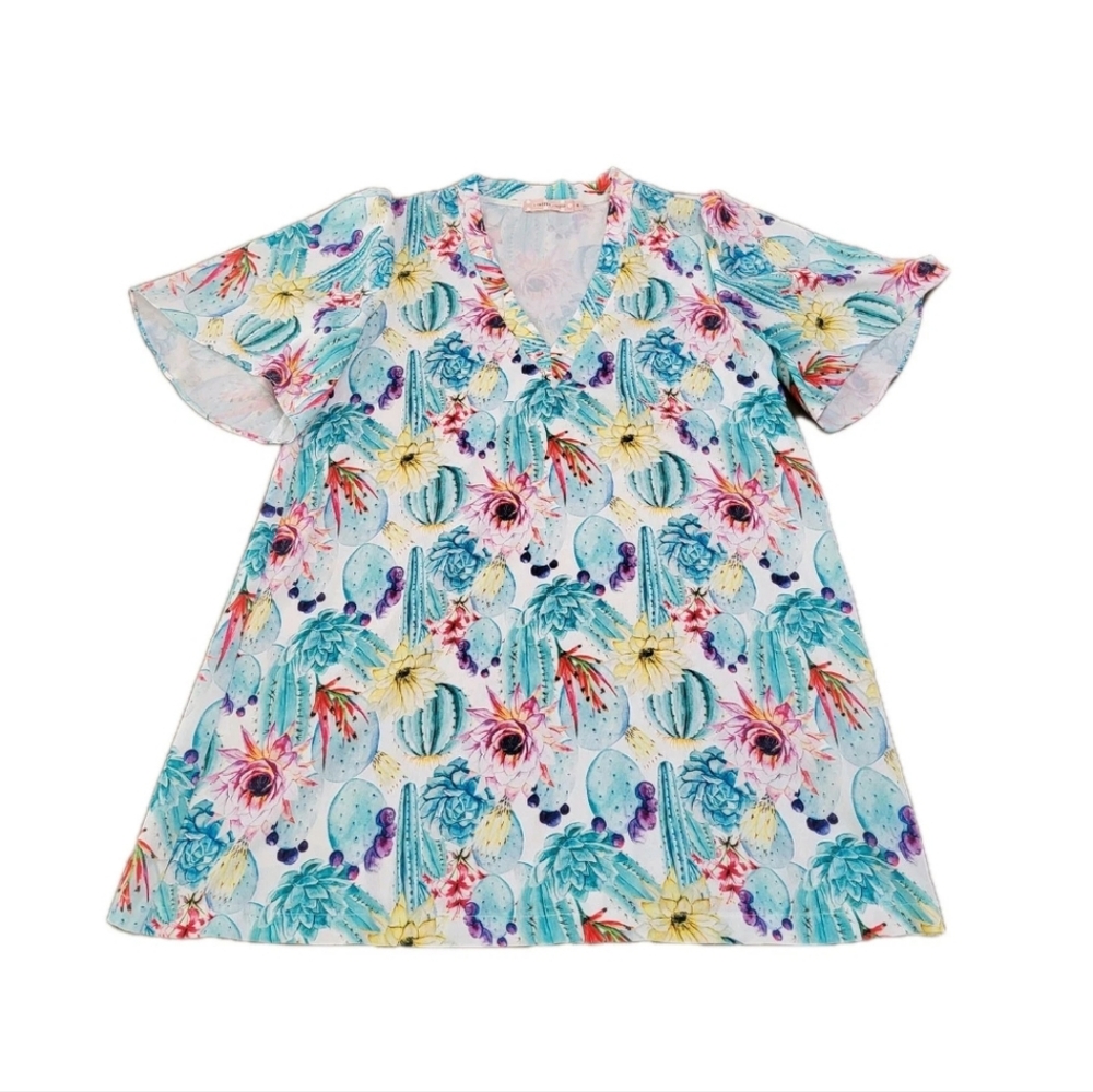 Traffic People X Anthropologie Cactus Print Dress Sz Medium M Flutter Sleeve